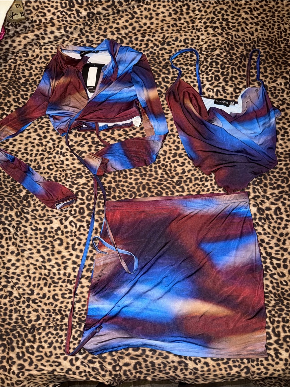 BRAND NEW PLT 3-Piece Tie-Dye Style Skirt Set in Blue & Burgundy